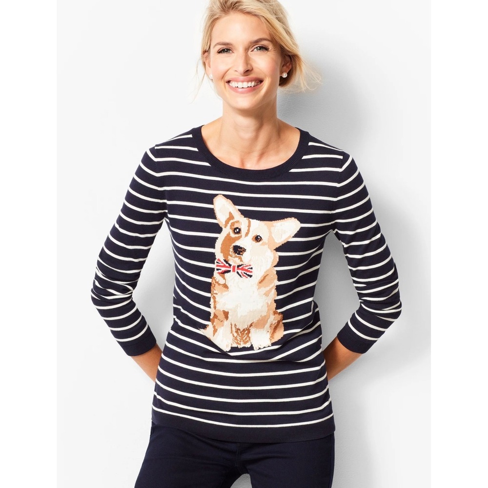 Talbots Corgi Striped Crewneck Sweater –‎ Navy & White – Size XS